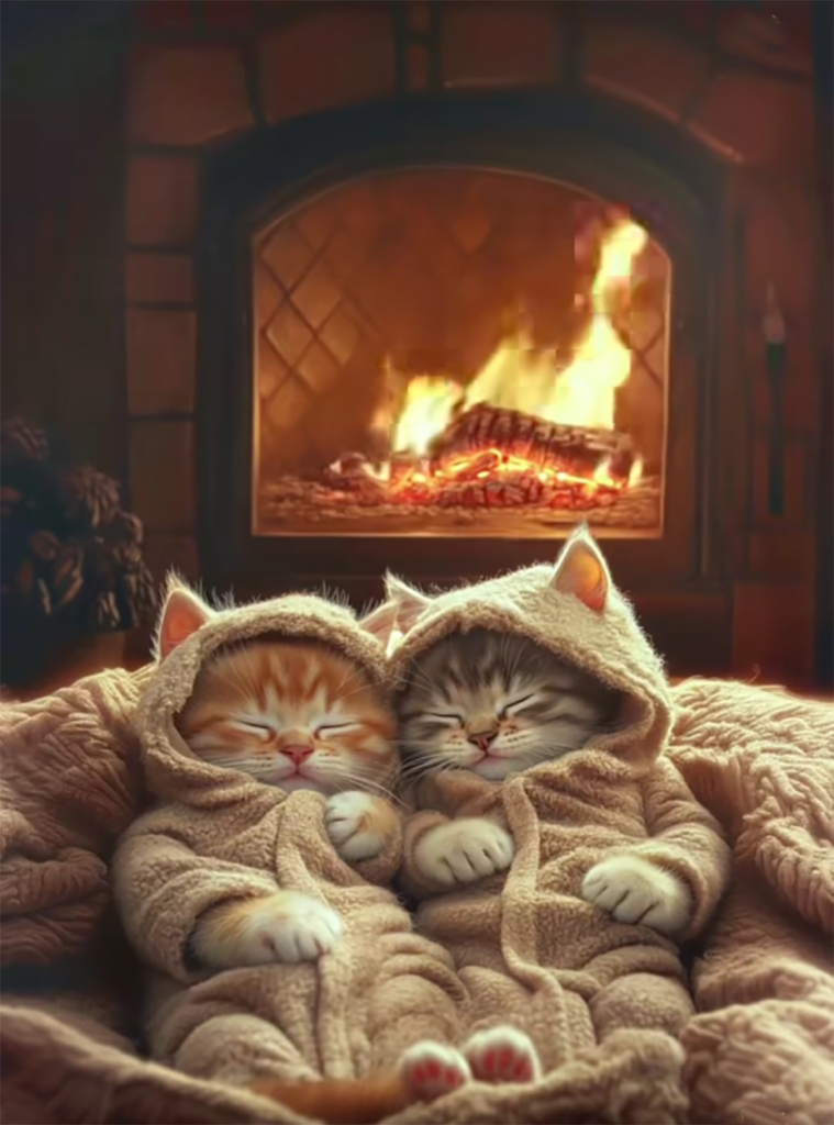 Two kittens cuddled in front of a fire